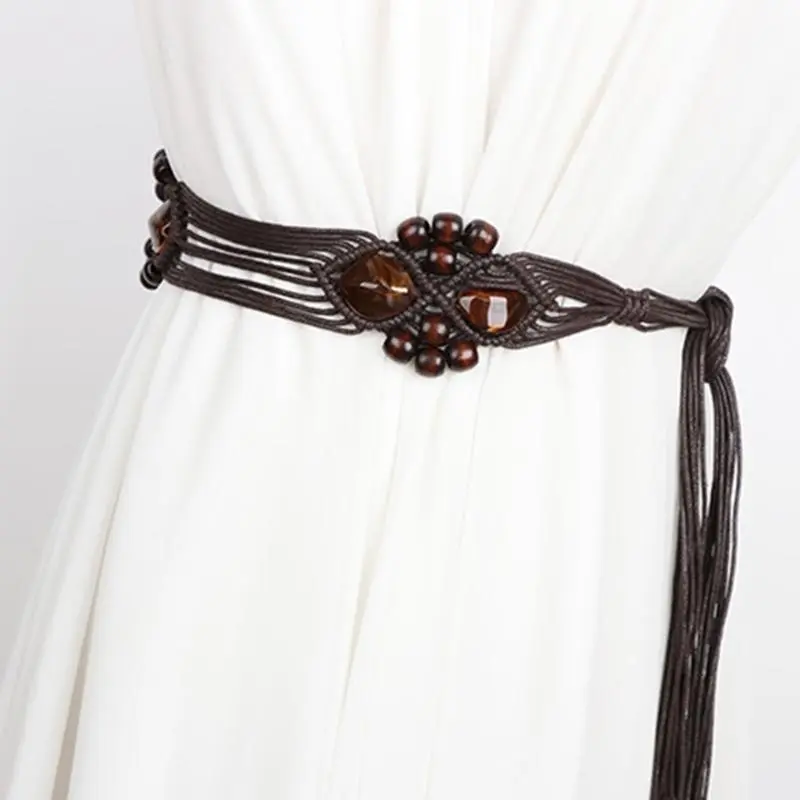652F Womens Braided Waist Belt Skinny Woven Tassels Belt for Dress Thin Waist Rope Knitted Waist Belts for Dress Waistband