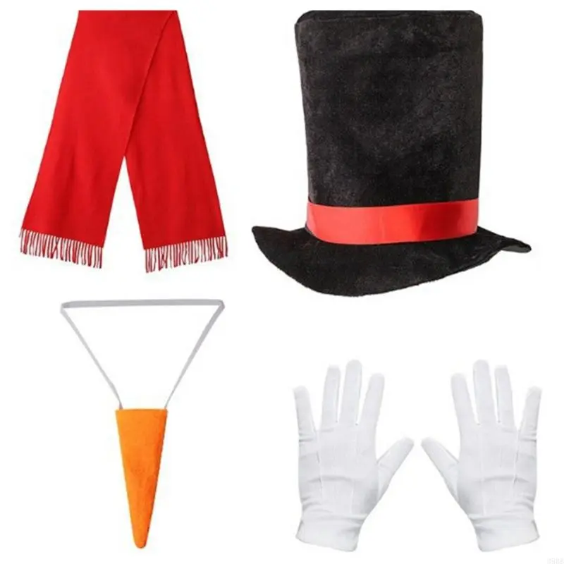 652F Snowman Costume Top Hat,Shawl,Nose,Gloves Winter Frosty the Snowmans Costume Christmas Play Dress Up Accessories