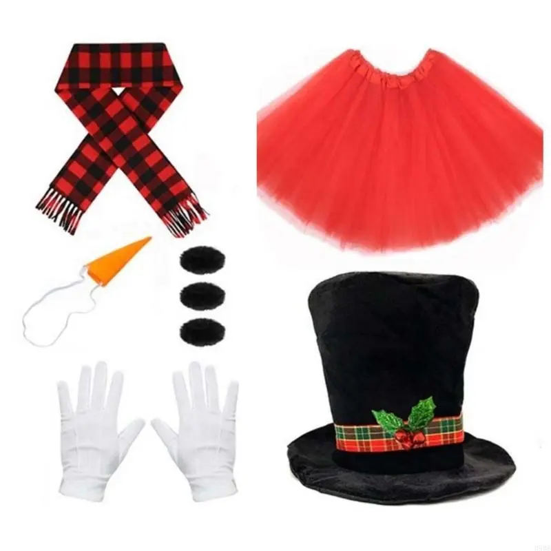 652F Snowman Costume Top Hat,Shawl,Nose,Gloves Winter Frosty the Snowmans Costume Christmas Play Dress Up Accessories