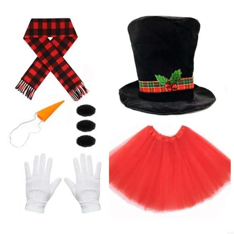 652F Snowman Costume Top Hat,Shawl,Nose,Gloves Winter Frosty the Snowmans Costume Christmas Play Dress Up Accessories