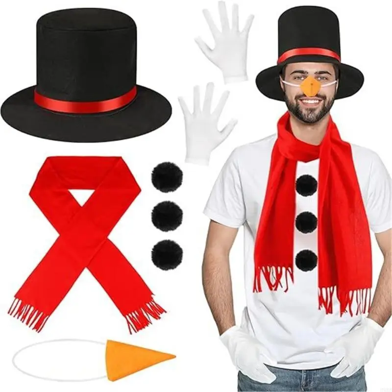652F Snowman Costume Top Hat,Shawl,Nose,Gloves Winter Frosty the Snowmans Costume Christmas Play Dress Up Accessories