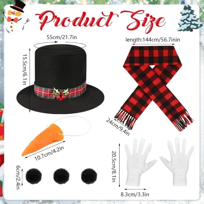 652F Snowman Costume Top Hat,Shawl,Nose,Gloves Winter Frosty the Snowmans Costume Christmas Play Dress Up Accessories