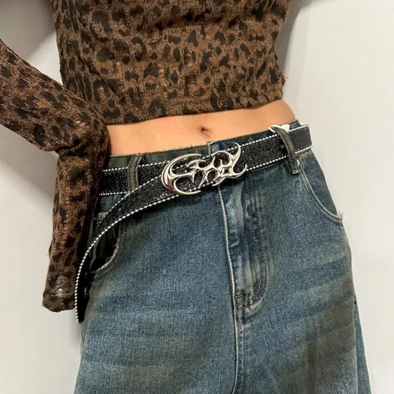 652F Metal Buckle Belt for Adult Shimmering Sequined Waistband All Matching Waist Belt for Formal Daily Waist Ornament