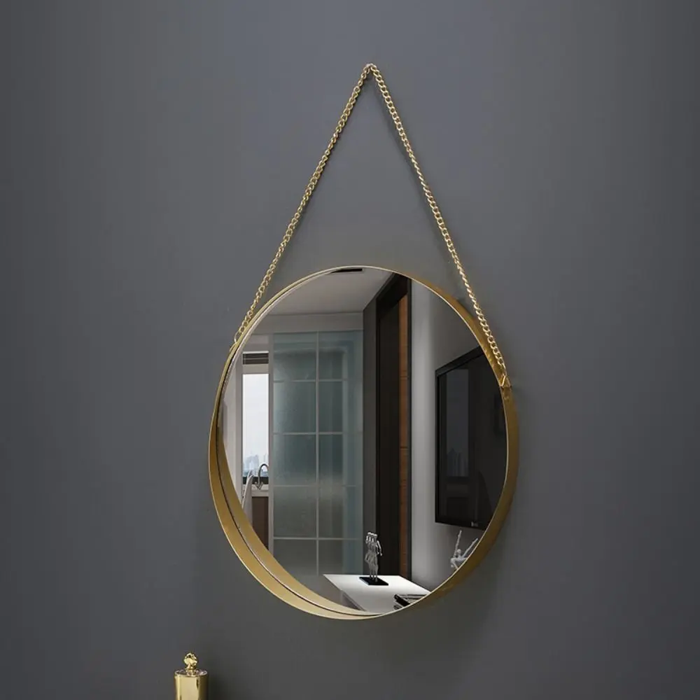 Wrought Iron Nordic Decorative Mirror Round/Hexagonal/Rectangle Ornament Creative Makeup Mirror Single-sided Metal Chain