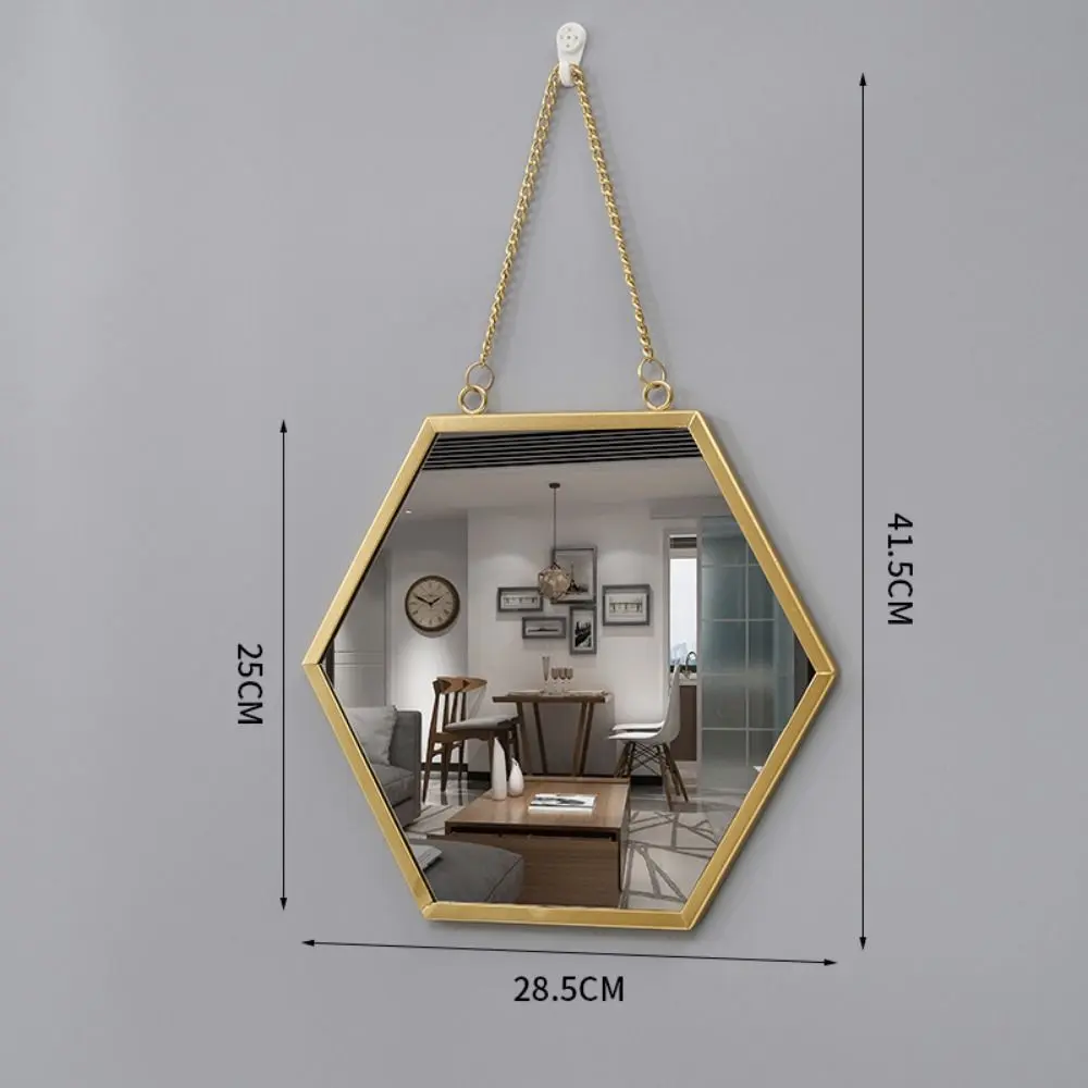 Wrought Iron Nordic Decorative Mirror Round/Hexagonal/Rectangle Ornament Creative Makeup Mirror Single-sided Metal Chain