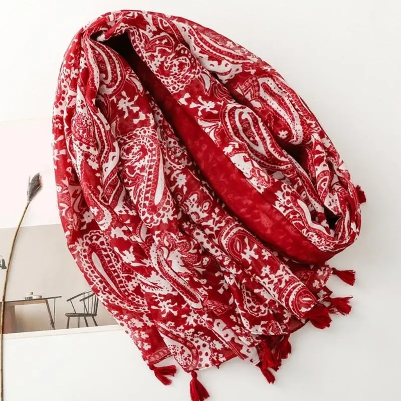652F Cashew Voile Yarn Shawl with Tassels Breathable and Soft Cashew Scaf for Women Beach Vacation and Music Festival
