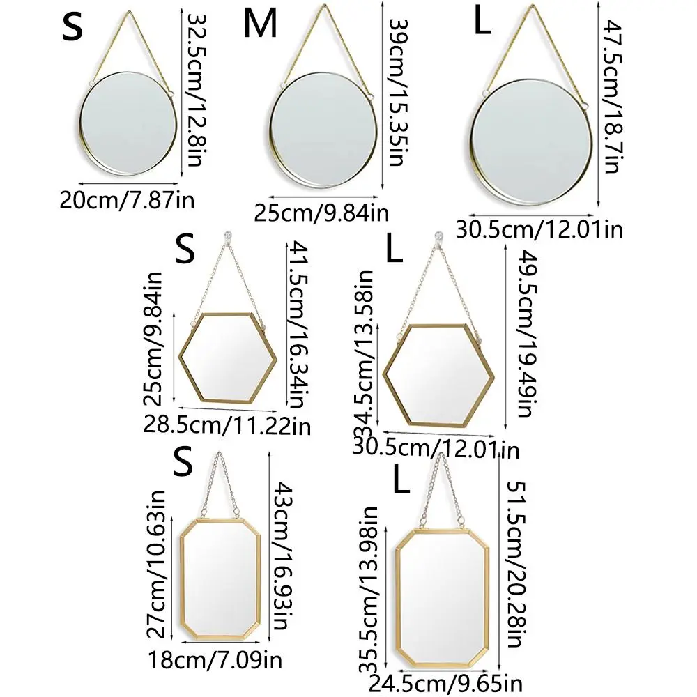 Wrought Iron Nordic Decorative Mirror Round/Hexagonal/Rectangle Ornament Creative Makeup Mirror Single-sided Metal Chain