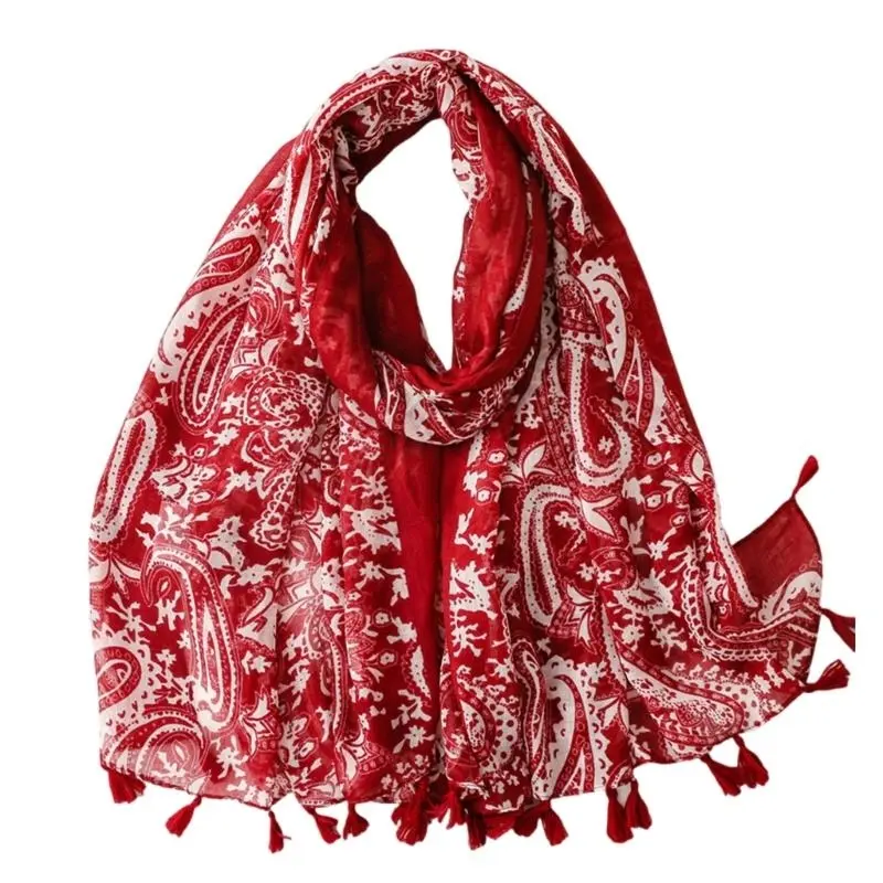 652F Cashew Voile Yarn Shawl with Tassels Breathable and Soft Cashew Scaf for Women Beach Vacation and Music Festival