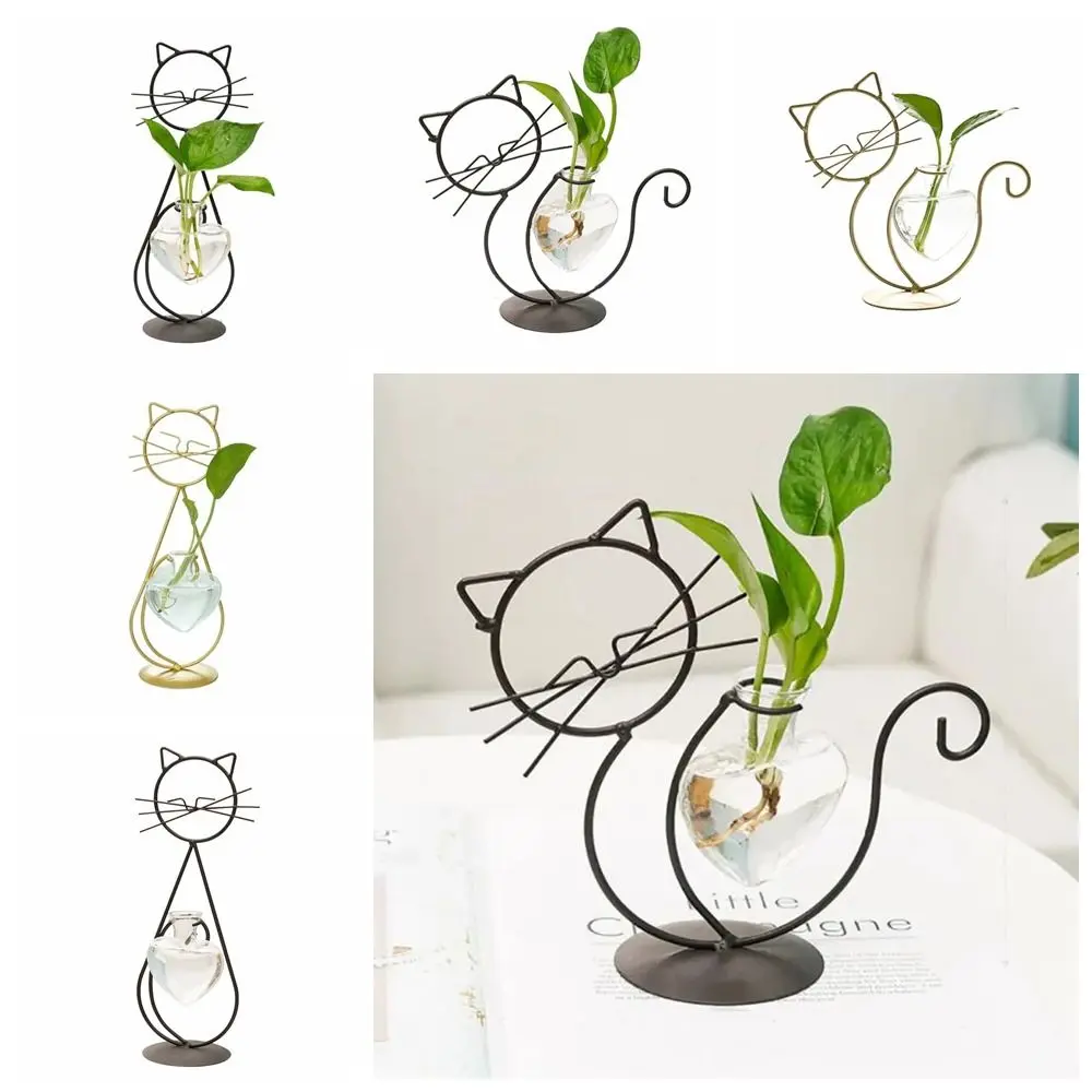 Hand Welded Cat Shape Hydroponic Vases Cute With Metal Holder Heart Glass Vases Iron Anti-breakag Wrought Iron Vase Table