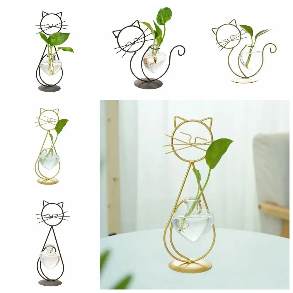Hand Welded Cat Shape Hydroponic Vases Cute With Metal Holder Heart Glass Vases Iron Anti-breakag Wrought Iron Vase Table