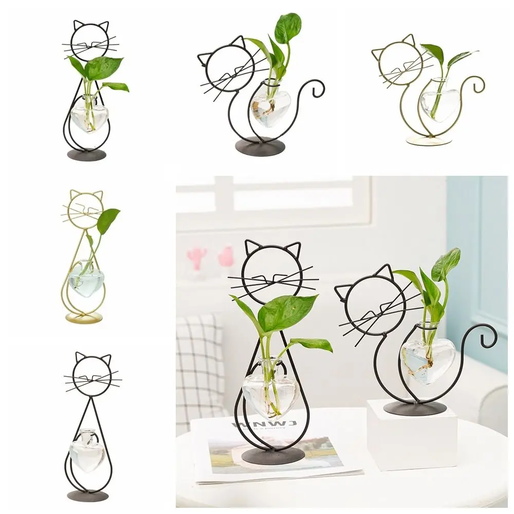 Hand Welded Cat Shape Hydroponic Vases Cute With Metal Holder Heart Glass Vases Iron Anti-breakag Wrought Iron Vase Table