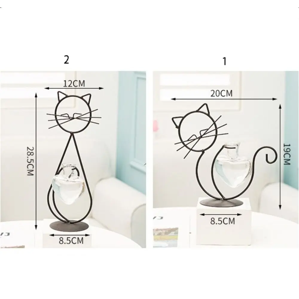Hand Welded Cat Shape Hydroponic Vases Cute With Metal Holder Heart Glass Vases Iron Anti-breakag Wrought Iron Vase Table