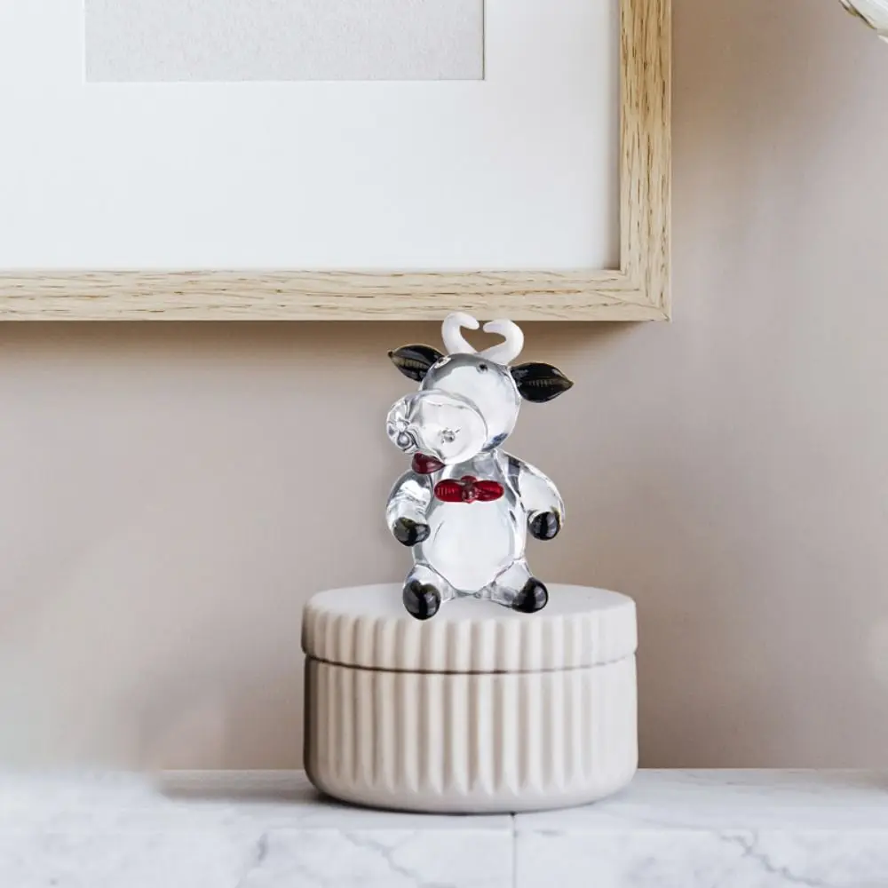 Creative Hand Blown Crystal Cow Ornament Cartoon Small Glass Cow Miniature Cute Animal Figurine New Year