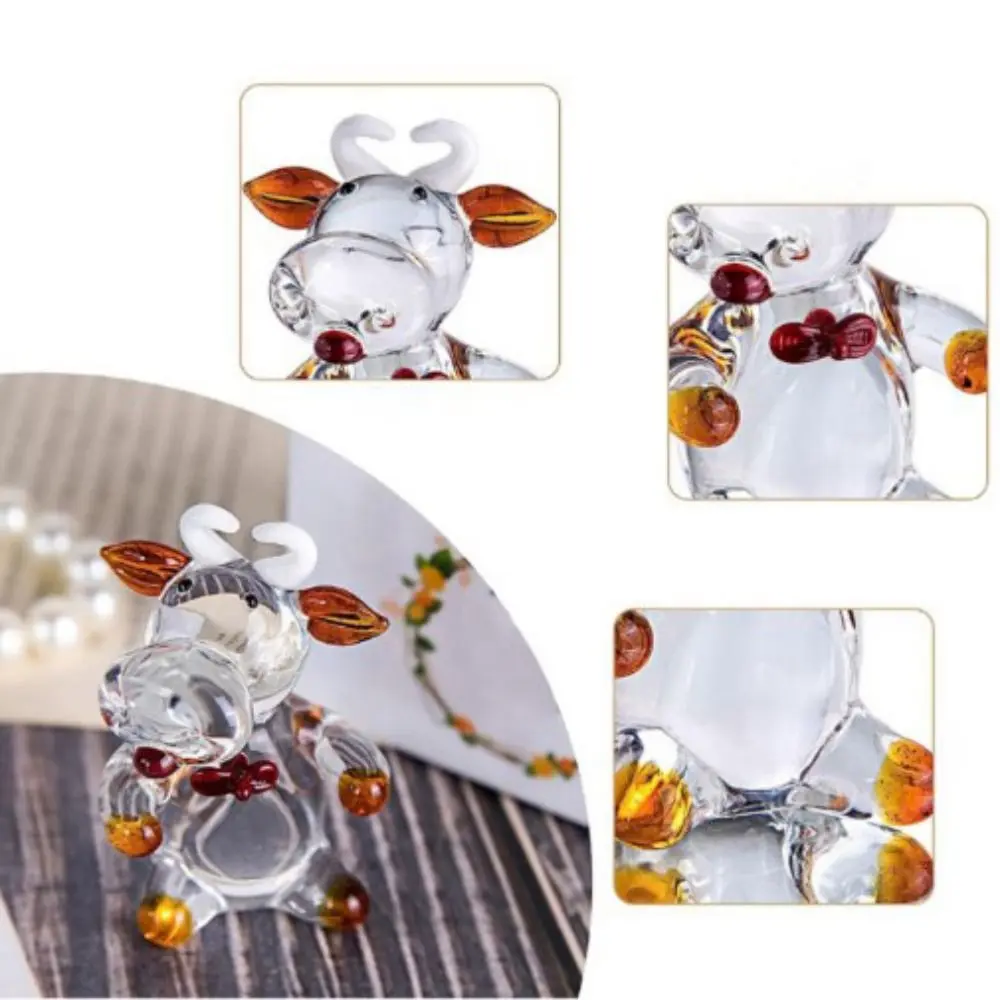 Creative Hand Blown Crystal Cow Ornament Cartoon Small Glass Cow Miniature Cute Animal Figurine New Year
