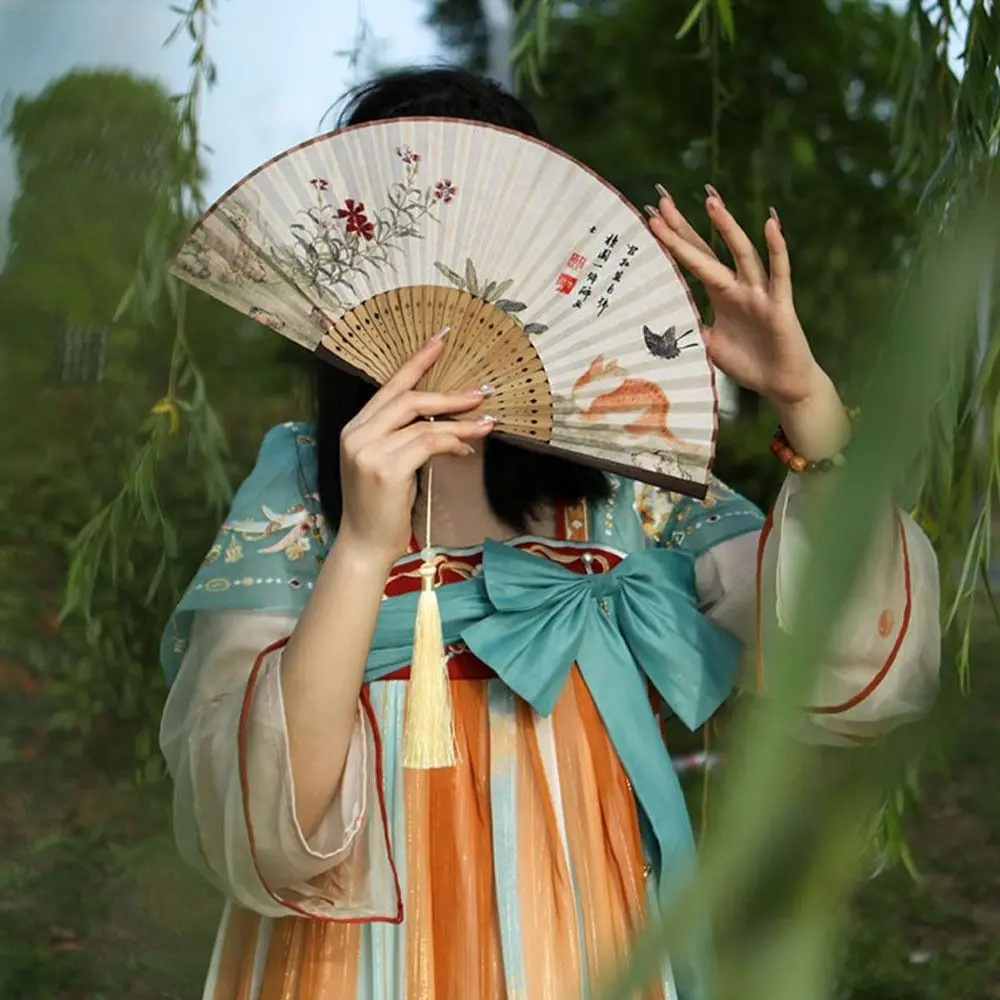 Bamboo Skeleton Hand Chinese Style Folding Fan Ancient Style Traditional Craft Hand Fan with Tassel Elegant Hanfu Dance Fan