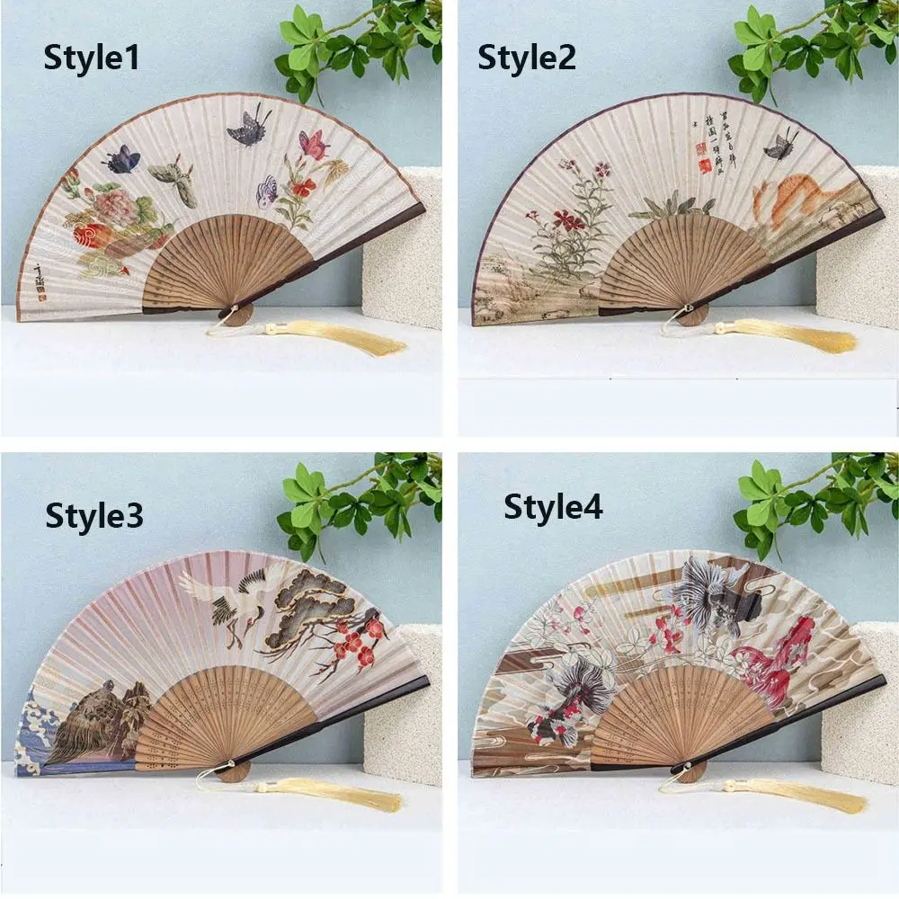 Bamboo Skeleton Hand Chinese Style Folding Fan Ancient Style Traditional Craft Hand Fan with Tassel Elegant Hanfu Dance Fan