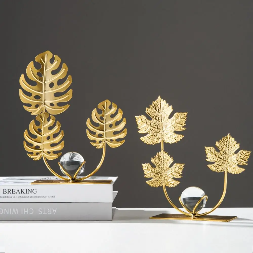 Light Luxury Leaf Crystal Ball Ornaments Iron Art Gold Crystal Ball Decor Rack Nordic Iron Maple Leaf Ornaments Living Room
