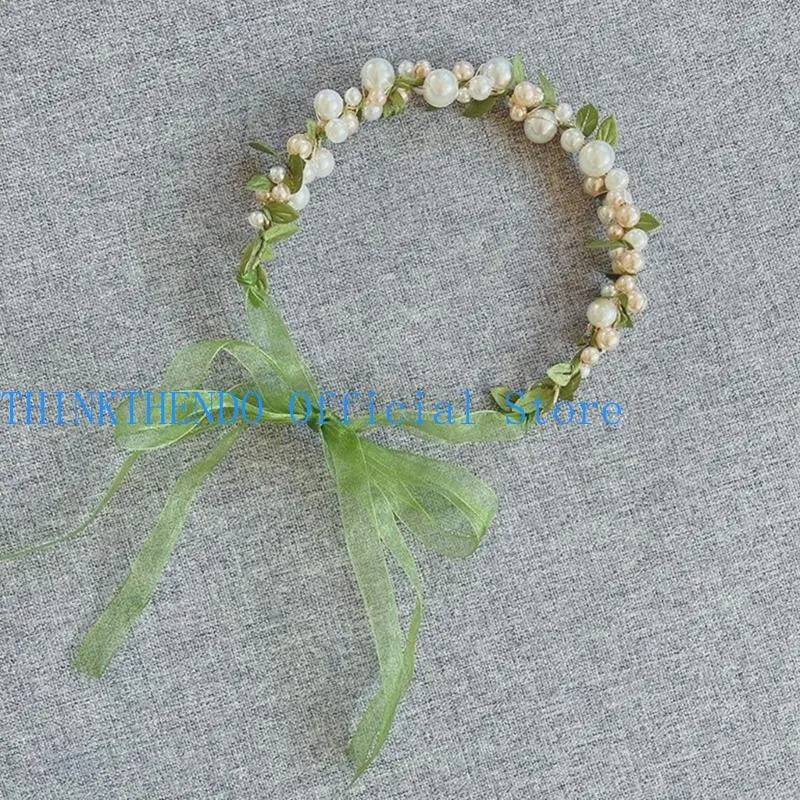 652F Delicate Pearl/ Leaf Hair Hoop Flower Girl Spring Headband Wedding Parties Kids Pearl/Leaf Photography Headband