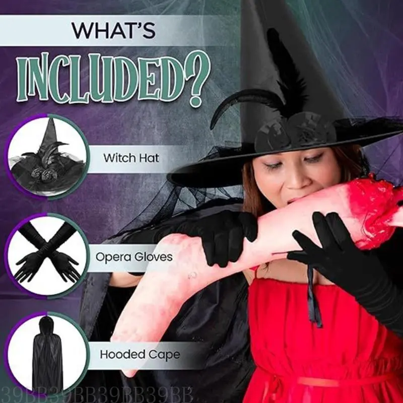 39BB Women Witch Hooded Cape Cloak Costume Witch Hat Long Gloves Adult Halloween Witch Costume Accessory for Women Cosplay