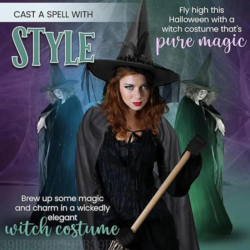 39BB Women Witch Hooded Cape Cloak Costume Witch Hat Long Gloves Adult Halloween Witch Costume Accessory for Women Cosplay