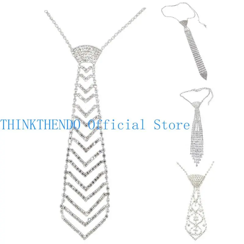 652F Glittering Rhinestones Neck Tie Women Rhinestones Necktie Necklace Dancing Costumes Jewelry Accessories for Women