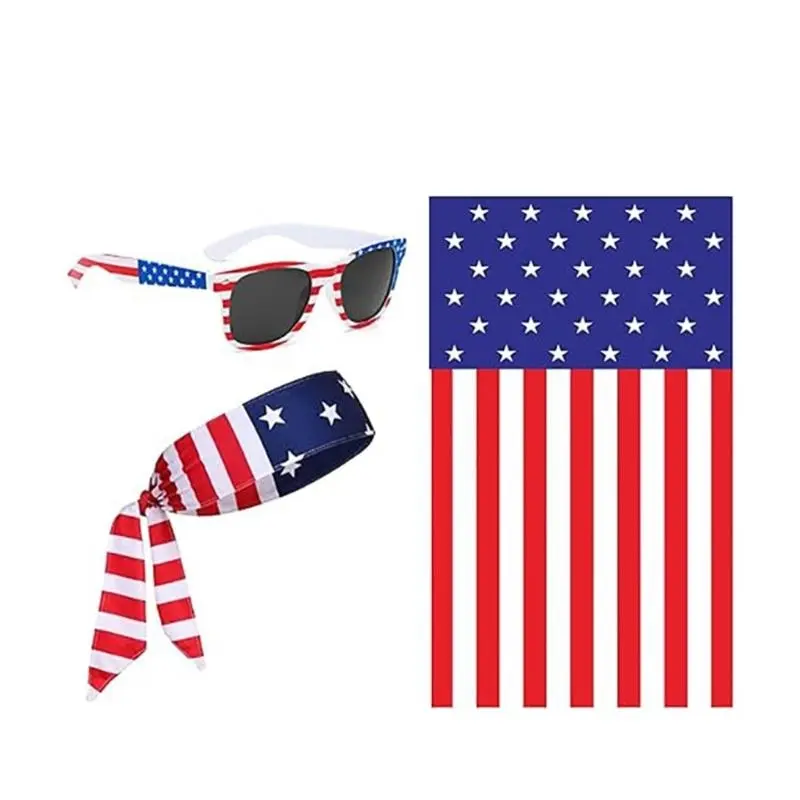 652F Independence Day Costume Accessories for Adult Kid 4th of July Festival Cosplay Handheld Flags Hat Eyeglasses Head Scarf