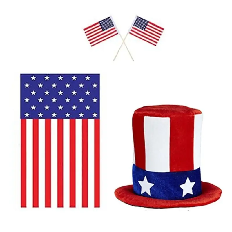 652F Independence Day Costume Accessories for Adult Kid 4th of July Festival Cosplay Handheld Flags Hat Eyeglasses Head Scarf