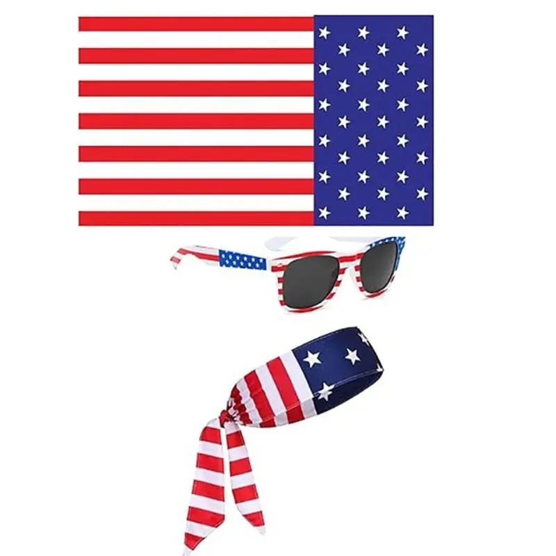 652F Independence Day Costume Accessories for Adult Kid 4th of July Festival Cosplay Handheld Flags Hat Eyeglasses Head Scarf