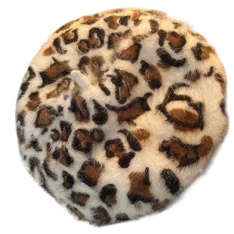 652F Retros Styles Leopards Pattern Soft Hat Comfortable Plush Hat for Stylish Ladies and Fashion Enthusiasts