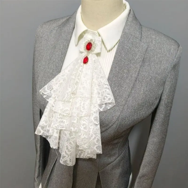 652F Womens Pirate Colonial Victorian Rhinestones Detachable Lace Jabot Steampunk Ruffled Faux Collar Shirt Front Neckwear