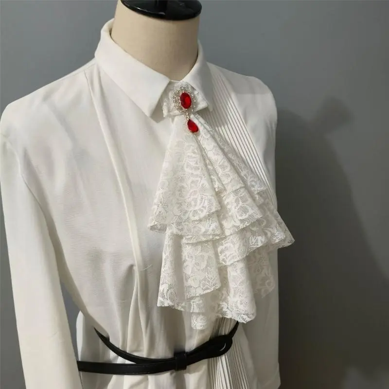 652F Womens Pirate Colonial Victorian Rhinestones Detachable Lace Jabot Steampunk Ruffled Faux Collar Shirt Front Neckwear