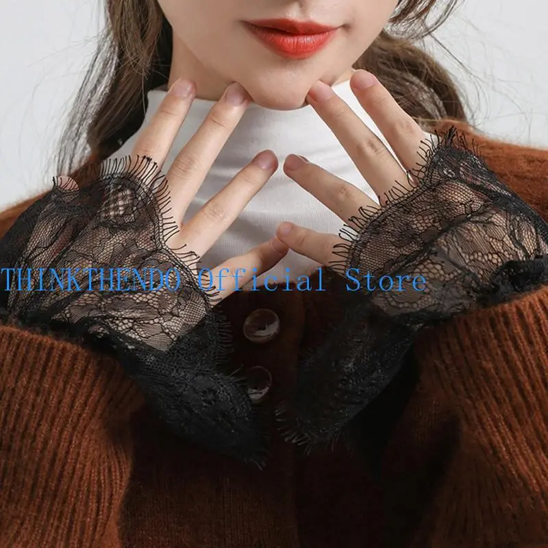 652F Decorated Cuffs Fake Sleeve for Wedding Dress Wild Decorative Lace Sleeves Flounces Wrist Sleeves Pleated Wrist Cuffs