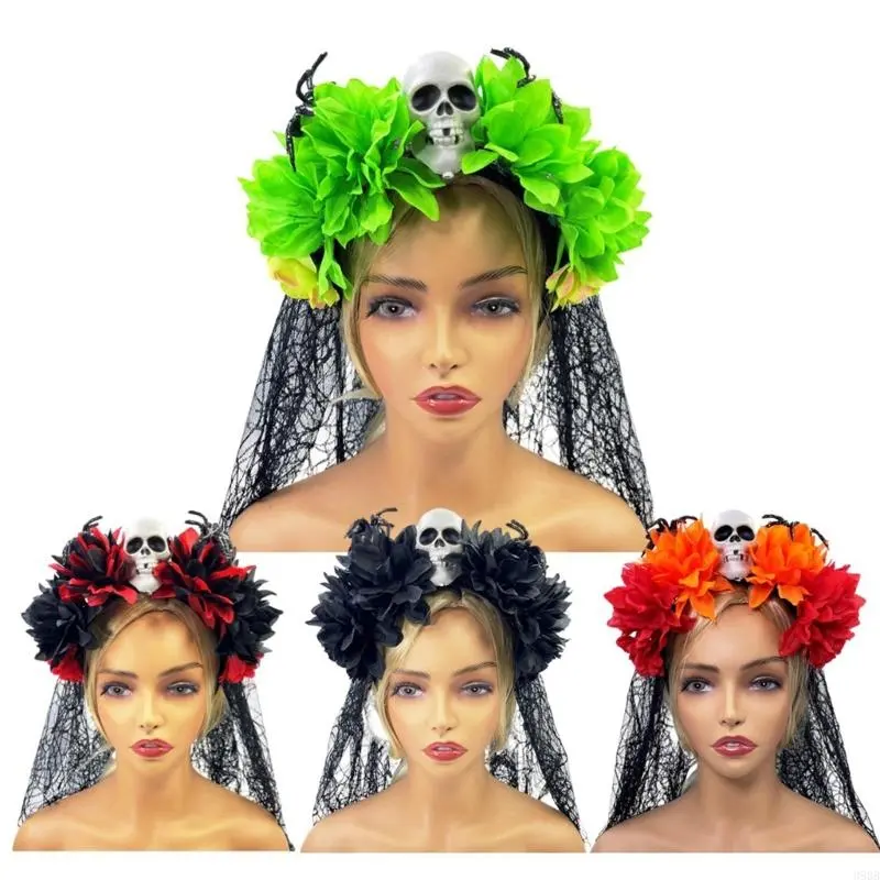 652F Halloween Theme Headband Day of The Death Skull Flower Veil Hairband Cosplay Costume Headpiece Adult Festival Hair Decors
