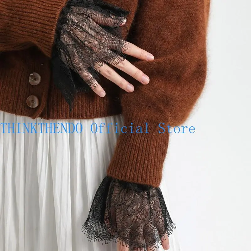 652F Decorated Cuffs Fake Sleeve for Wedding Dress Wild Decorative Lace Sleeves Flounces Wrist Sleeves Pleated Wrist Cuffs