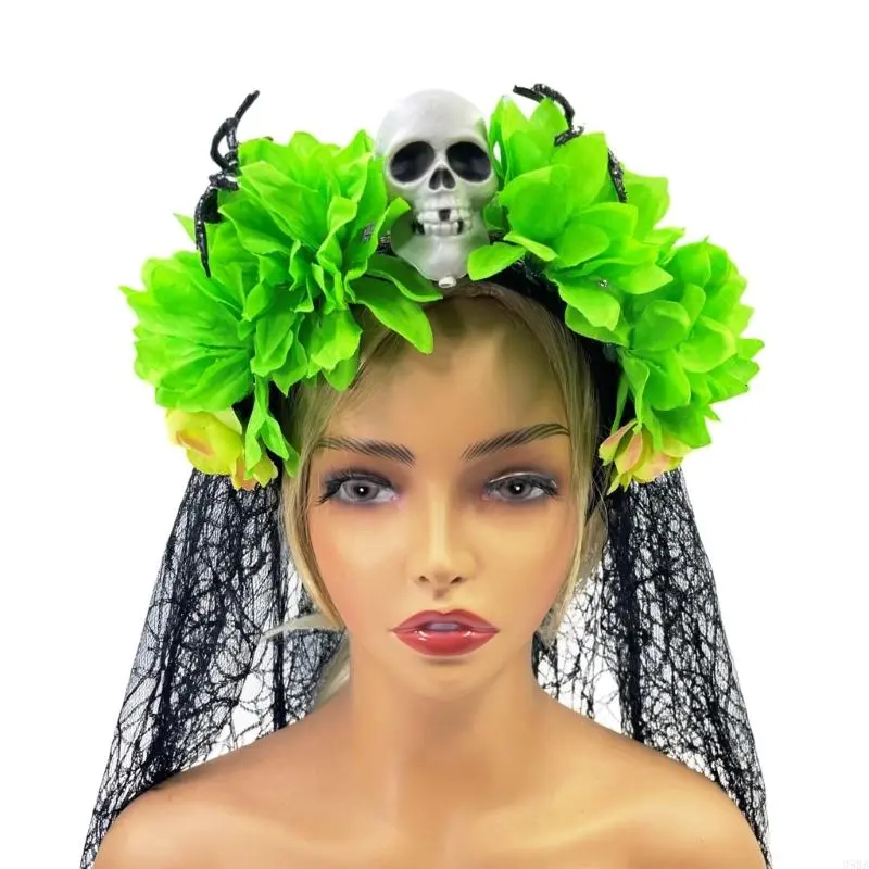 652F Halloween Theme Headband Day of The Death Skull Flower Veil Hairband Cosplay Costume Headpiece Adult Festival Hair Decors