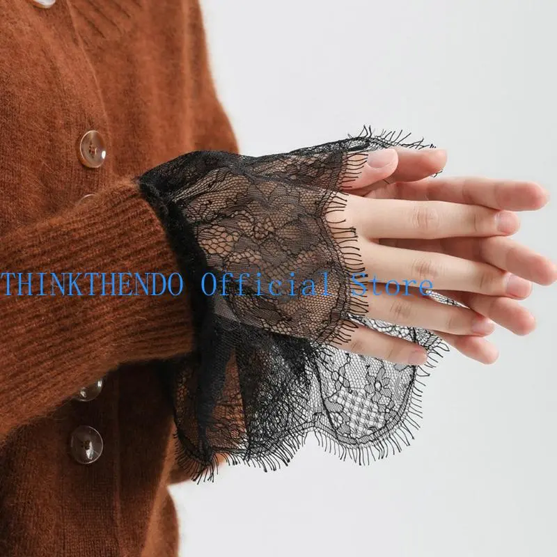 652F Decorated Cuffs Fake Sleeve for Wedding Dress Wild Decorative Lace Sleeves Flounces Wrist Sleeves Pleated Wrist Cuffs