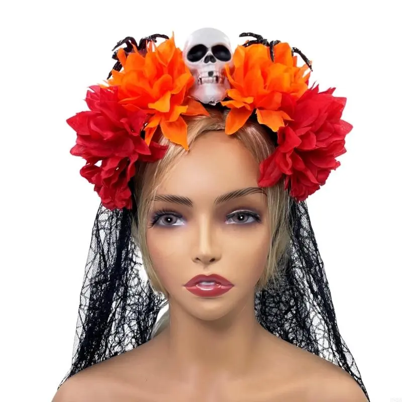 652F Halloween Theme Headband Day of The Death Skull Flower Veil Hairband Cosplay Costume Headpiece Adult Festival Hair Decors