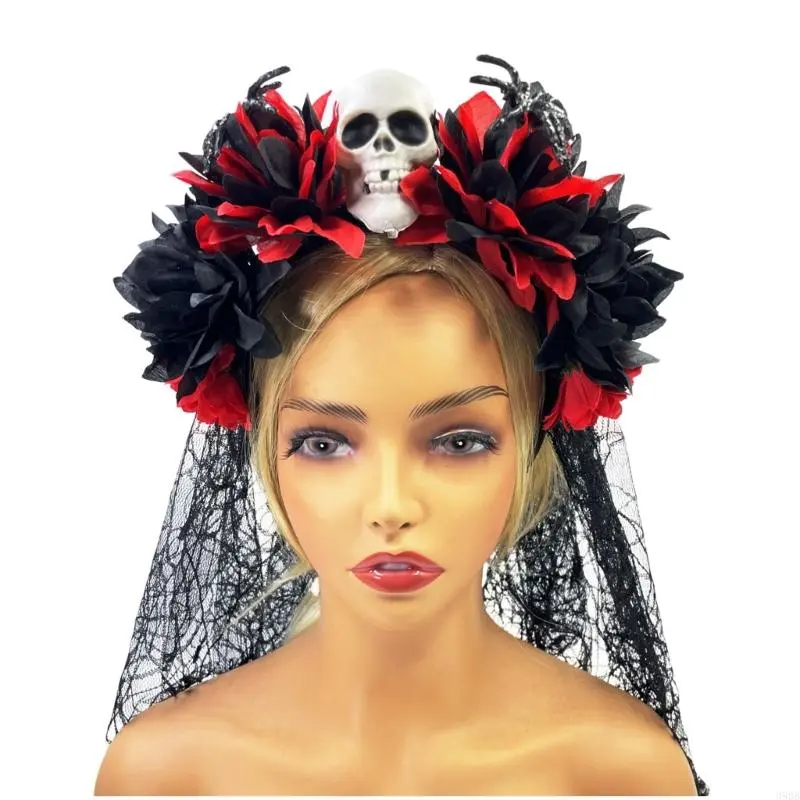 652F Halloween Theme Headband Day of The Death Skull Flower Veil Hairband Cosplay Costume Headpiece Adult Festival Hair Decors