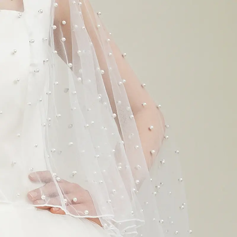 652F Tulle Wrap with Delicate Pearls Accents for Bridesmaid Dresses and Evening Gowns Adds a Touch of Sophistication
