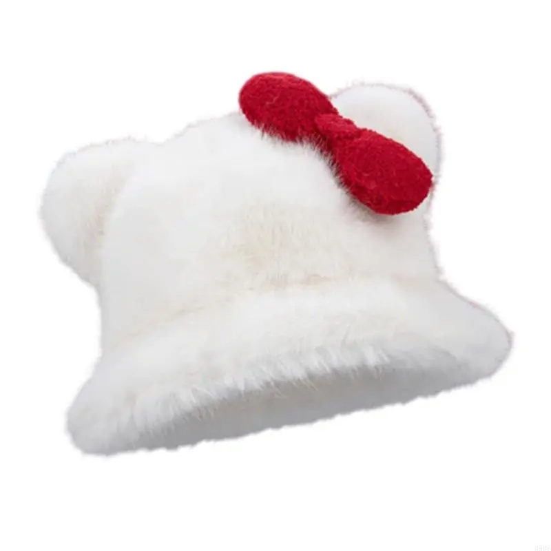 652F Furry Cats Ear Bucket Hat Plush Warm Winter Bucket Hat Plush Fisherman Hat For Women Girl Winter Outdoor Activity