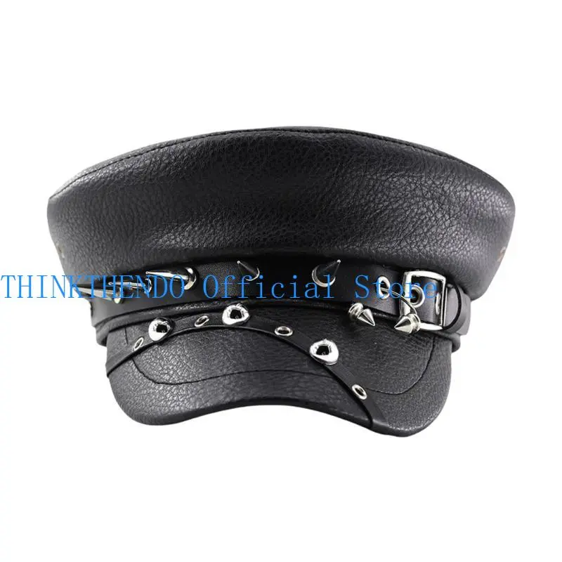 652F Gothic Painter Hat Flat Hat British for Dating Photography Cabbie Headwear Painter Hat Rivet Studded Hat