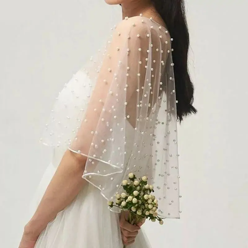 652F Tulle Wrap with Delicate Pearls Accents for Bridesmaid Dresses and Evening Gowns Adds a Touch of Sophistication