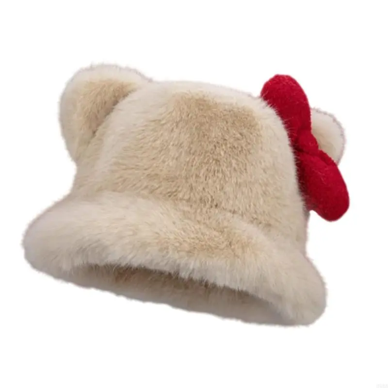 652F Furry Cats Ear Bucket Hat Plush Warm Winter Bucket Hat Plush Fisherman Hat For Women Girl Winter Outdoor Activity