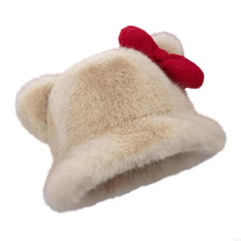 652F Furry Cats Ear Bucket Hat Plush Warm Winter Bucket Hat Plush Fisherman Hat For Women Girl Winter Outdoor Activity