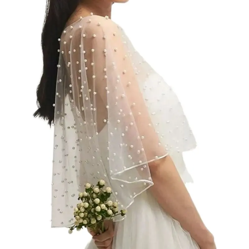 652F Tulle Wrap with Delicate Pearls Accents for Bridesmaid Dresses and Evening Gowns Adds a Touch of Sophistication