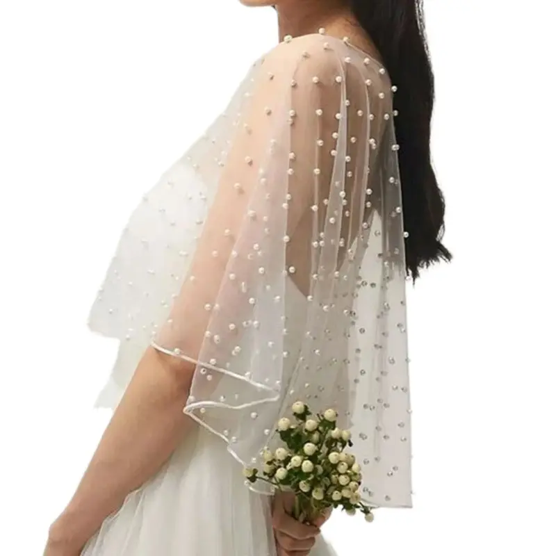 652F Tulle Wrap with Delicate Pearls Accents for Bridesmaid Dresses and Evening Gowns Adds a Touch of Sophistication