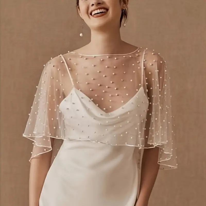 652F Tulle Wrap with Delicate Pearls Accents for Bridesmaid Dresses and Evening Gowns Adds a Touch of Sophistication