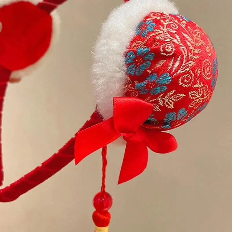652F Furry Plush Buns Headband for Year of Snake Celebration Comfortable Tassels Hairhoop for Spring Festival Gathering