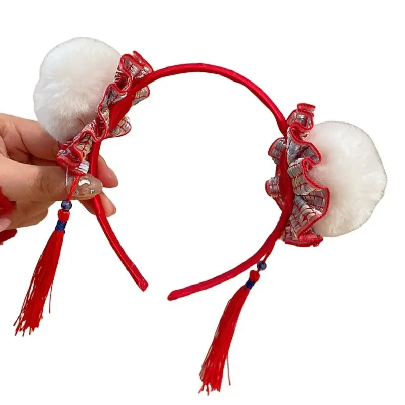 652F Furry Plush Buns Headband for Year of Snake Celebration Comfortable Tassels Hairhoop for Spring Festival Gathering