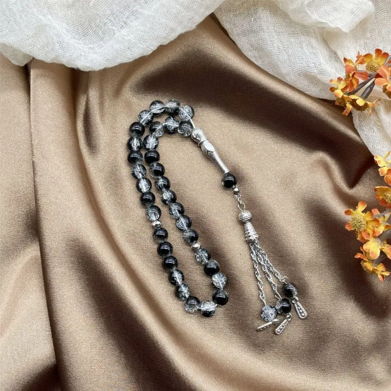 652F Islamic 33 Beads Rosary Ice Cracked Glass Tasbih Handmade Bracelet for Muslims Worship and Meditation Ceremony Use